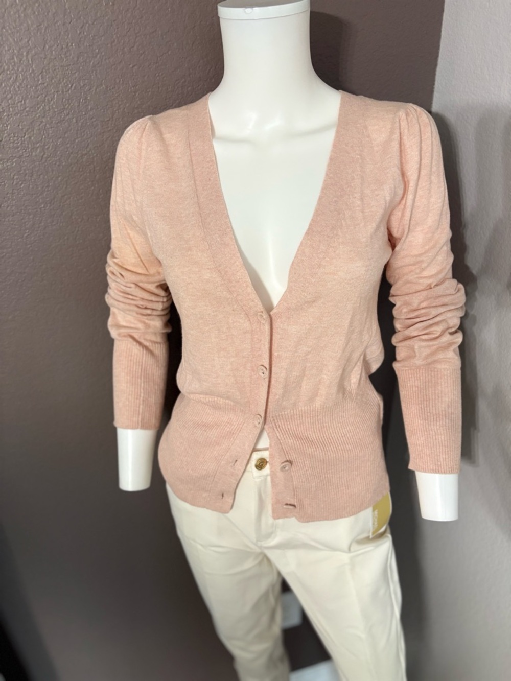 Light Blush V-Neck Button-Up Cardigan Sweater